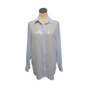 Find Me Now Shirt Womens‎ Small Blue Gingham Sequin Sheer Button Up Top Blouse